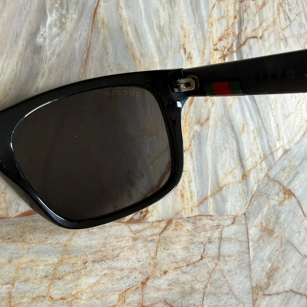 Gucci Black Rectangular Sunglasses Made in Italy‎ with Green Red Stripe Detail